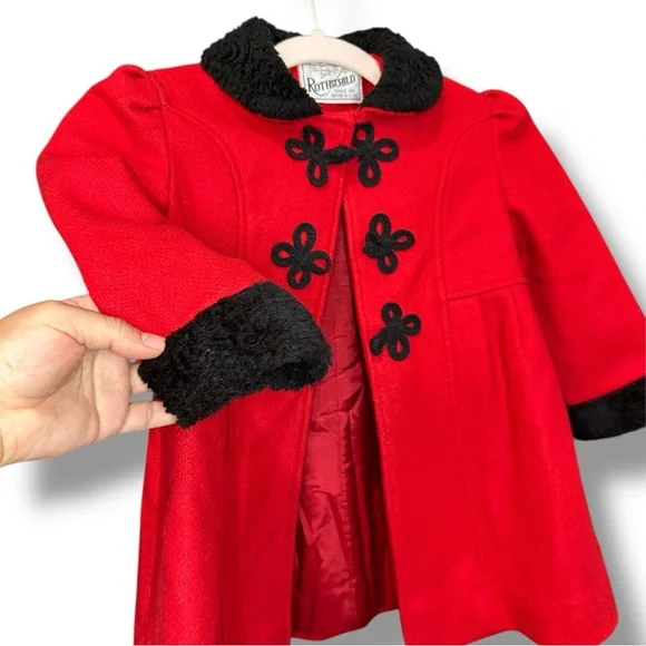 Rothschild Red Pea Coat for Girls with Black Details